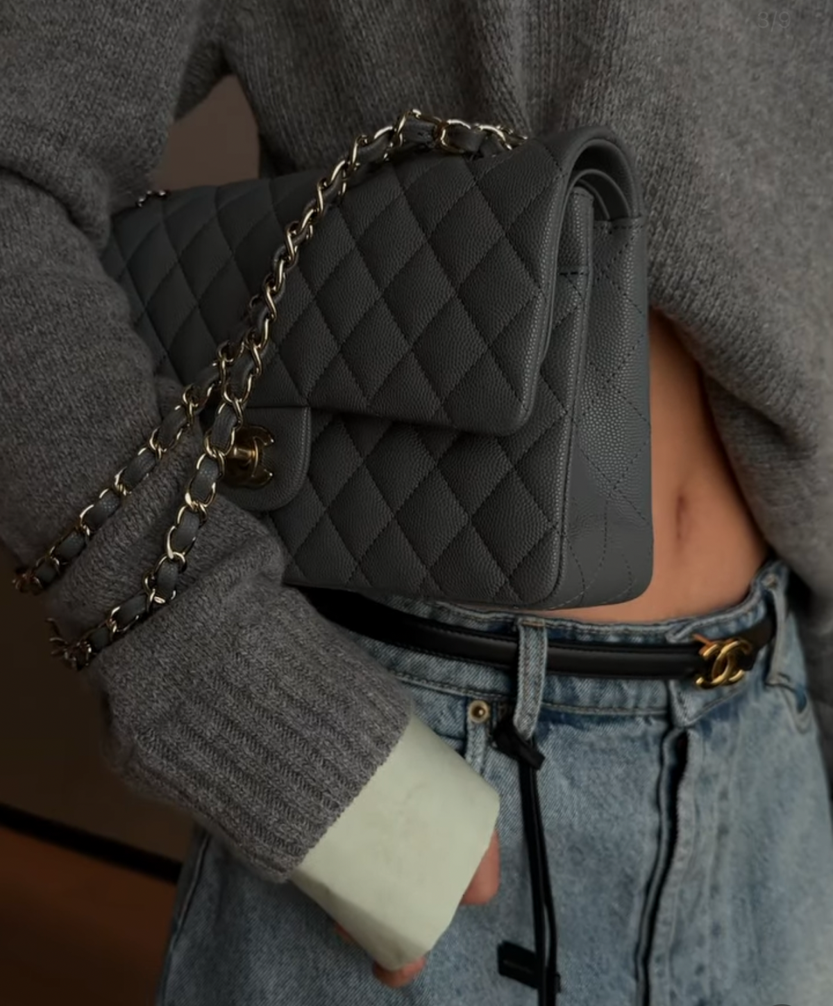 Dark grey silver flap caviar