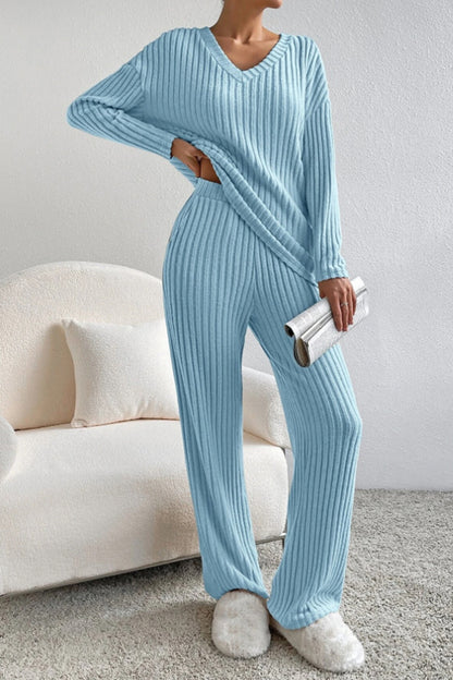 Ribbed V-Neck Top and Pants Set