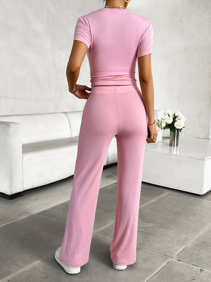 Round Neck Short Sleeve Top and Pants Set