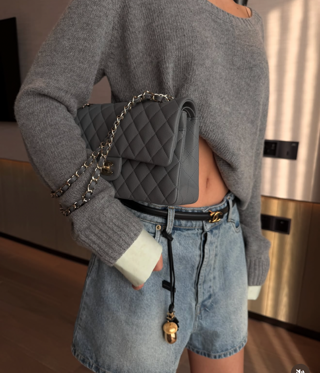 Dark grey silver flap caviar