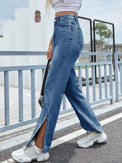 Slit High Waist Jeans with Pockets